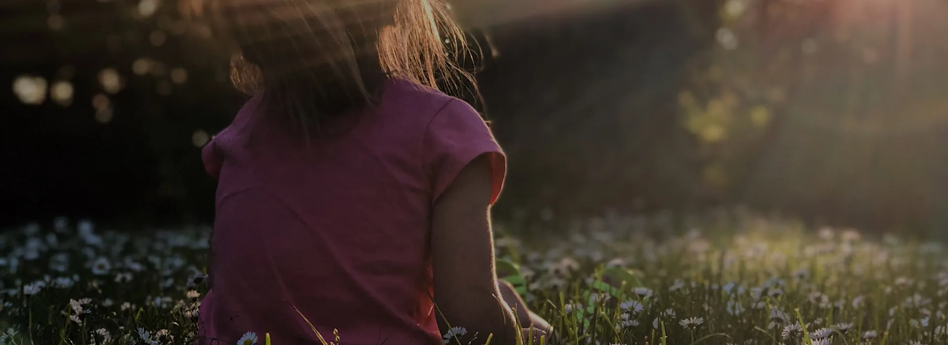 girl in pink shirt sitting in a field